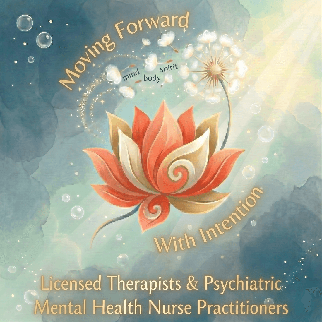 The Morgan and Schenck logo: a lotus flower above the words Moving Forward With Intention, mind body spirit.